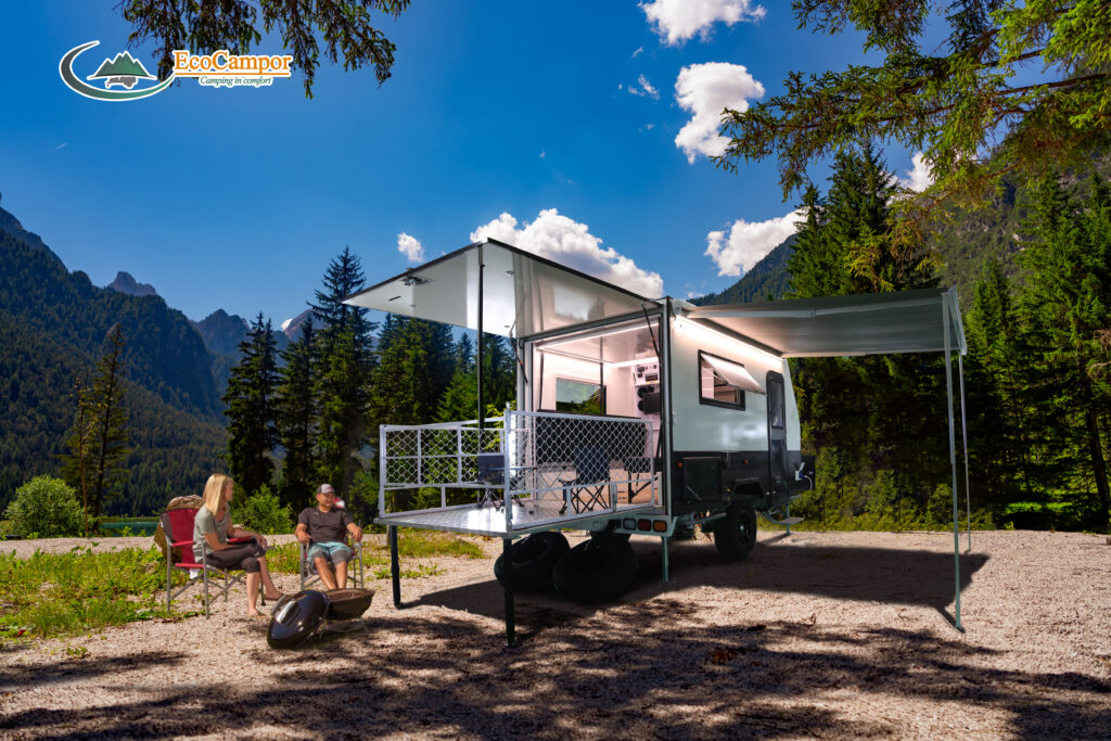 Camping on the shores of lake. Lake Dobbiaco in the Dolomites, Beautiful Nature Italy natural landscape Alps.